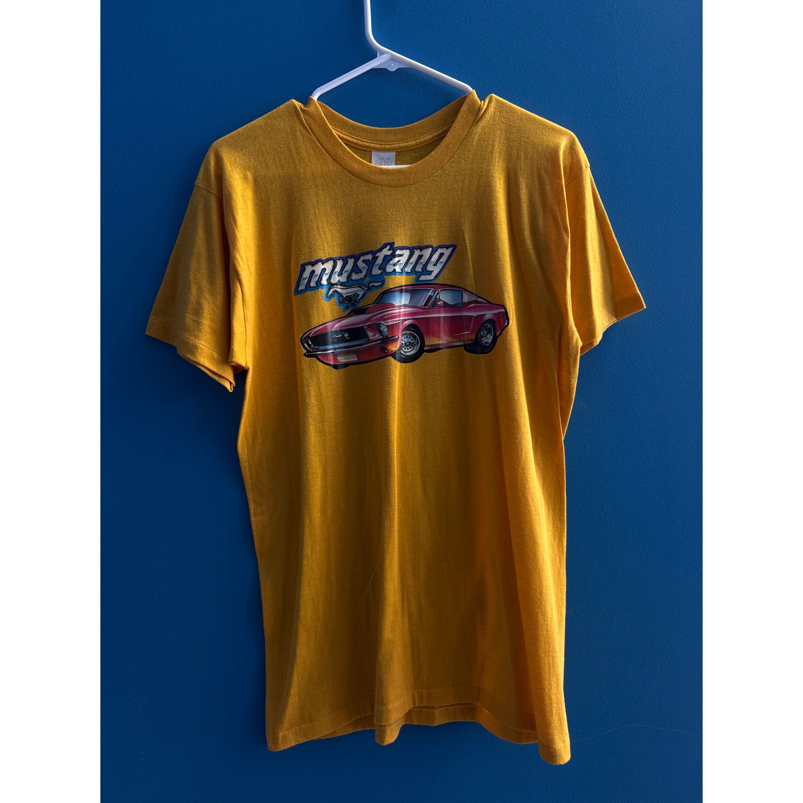 Vintage 5050 1970's Ford Mustang Print Mustard Shirt Crew Neck Men's Large