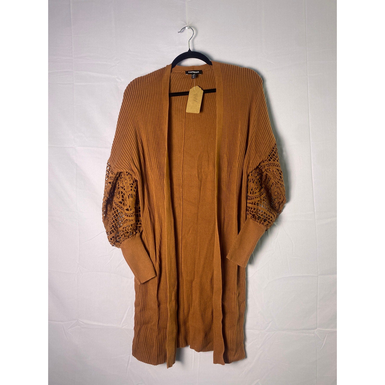 Express Brown Floral Crochet Puff Sleeve Open Cardigan Long Sweater Womens Small