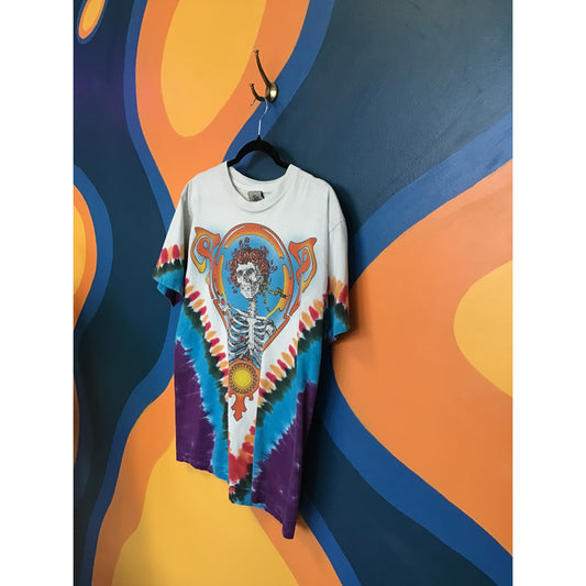 Vintage Liquid Blue Grateful Dead Overprint Logo Tie Dye White Shirt Men's