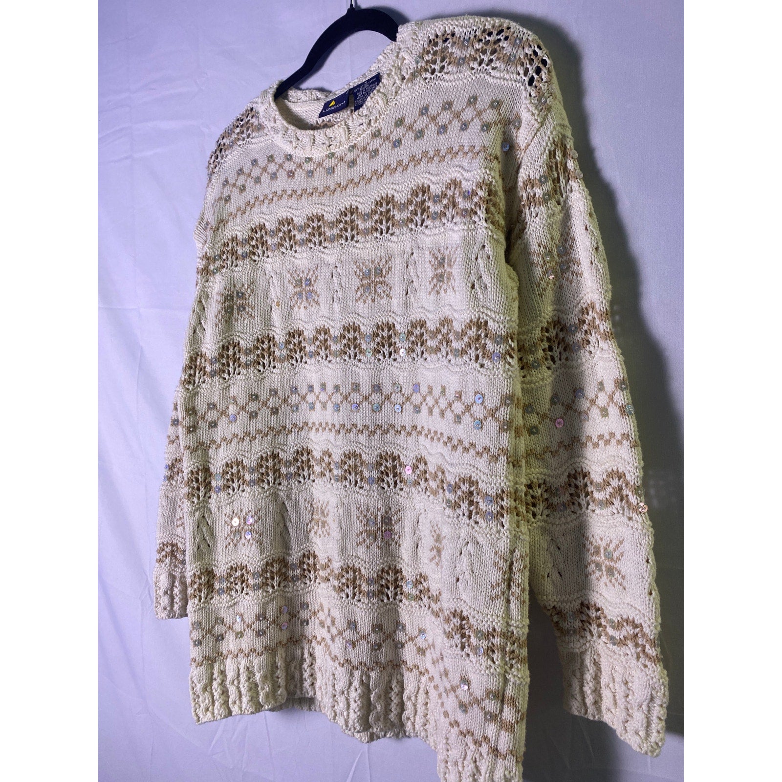 Vintage Liz Sport Cream Tan Snowflakes Knit Beaded Crewneck Sweater Medium