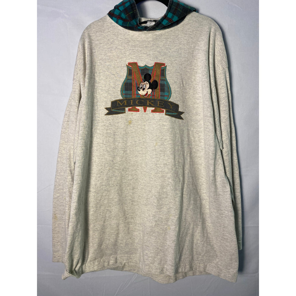 Vintage Disney Mickey Mouse Pullover Hoodie w/ Plaid Green Lining Men's Large