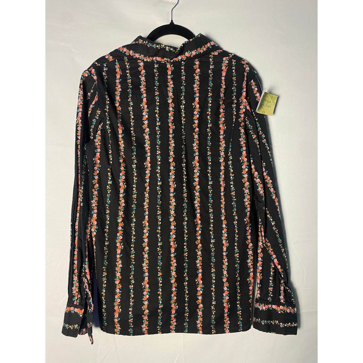Vintage Black Button-Up w/ Pink Floral Stripes Long Sleeve Shirt Women's Size XL