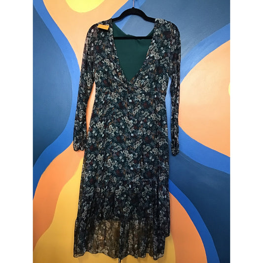 Elena Baldi Silk Blend Green Floral Hi-Low Chiffon Midi Long Sleeve Dress Small
