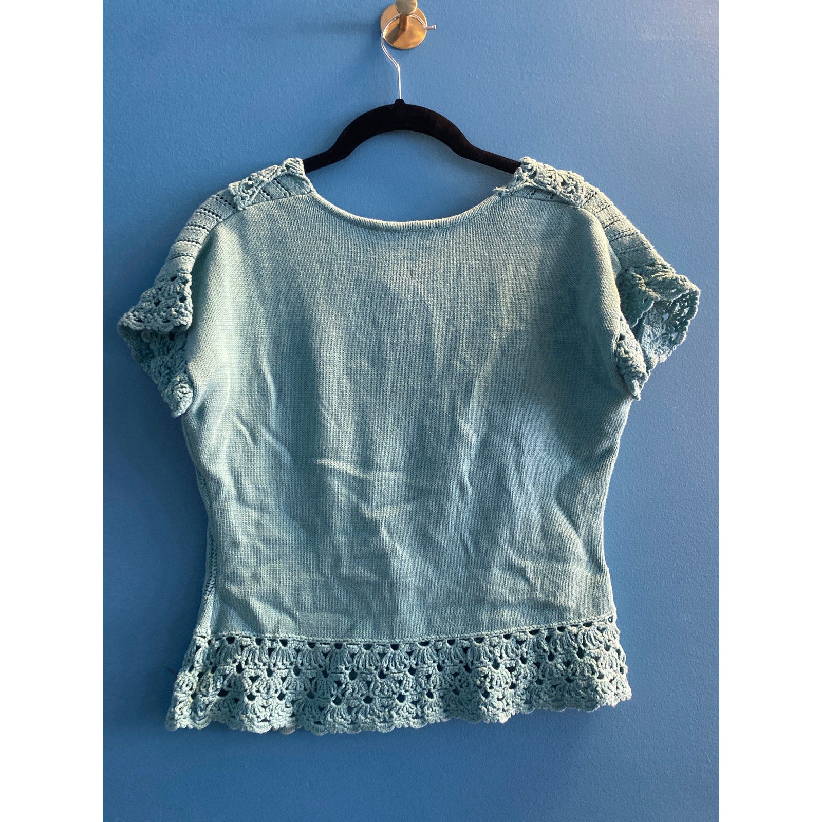 Vintage Evan Picone Blue One Button Knit Cardigan Sweater Crochet Women's Small