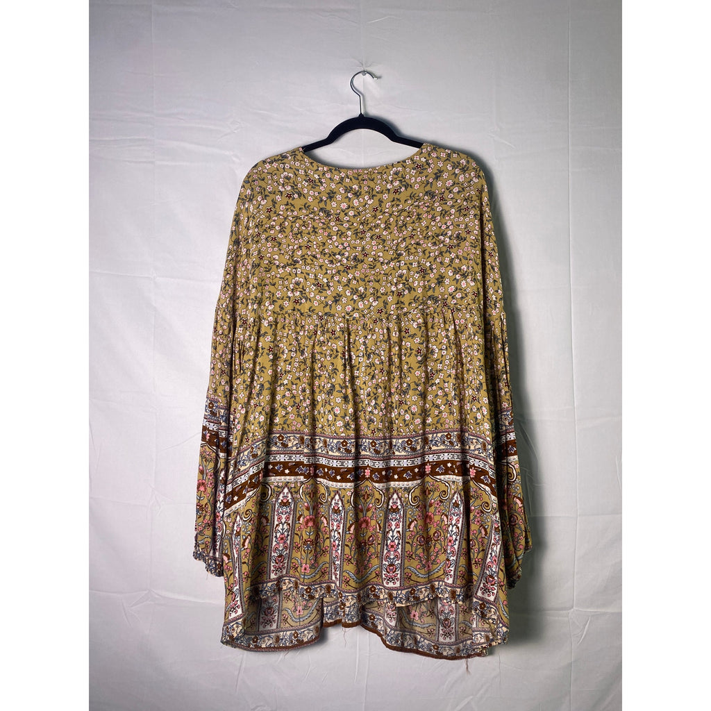 Hayden Los Angeles Tan Floral Flowy Boho Peasant Blouse Top Women's Plus 1XL