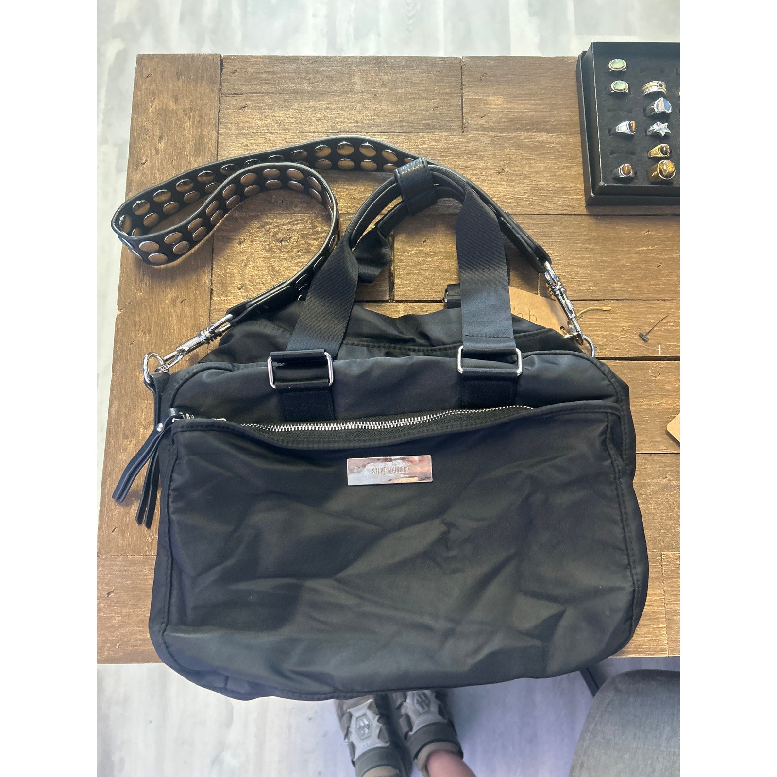 Steve Madden Black Studded Strap Shoulder Bag Multi Pockets