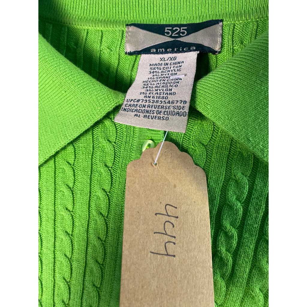 525 America Key Lime Green Cable Knit Collared Sweater Polo Shirt Womens Size XL