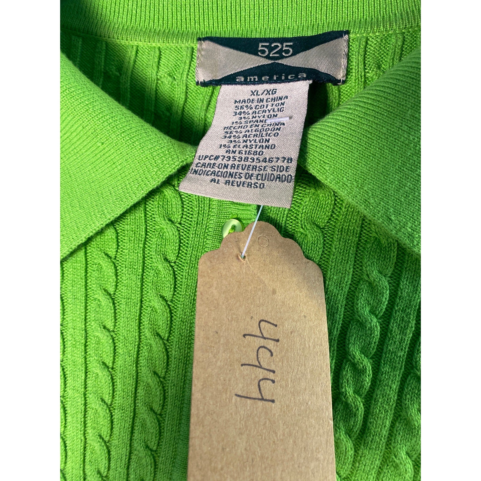 525 America Key Lime Green Cable Knit Collared Sweater Polo Shirt Womens Size XL