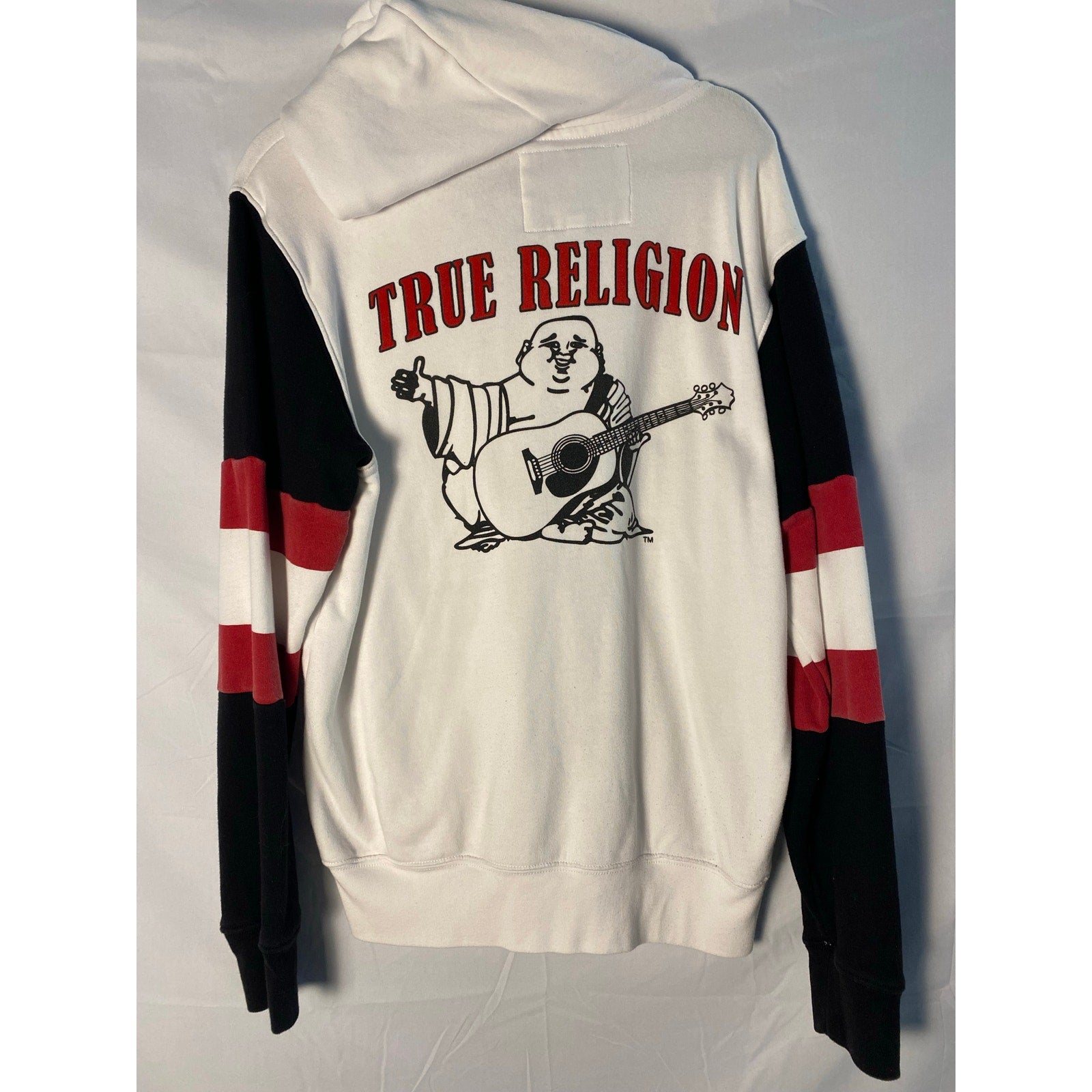 True Religion White Black Stripe Sleeves BUDDHA Print Full Zip Hoodie Logo Large