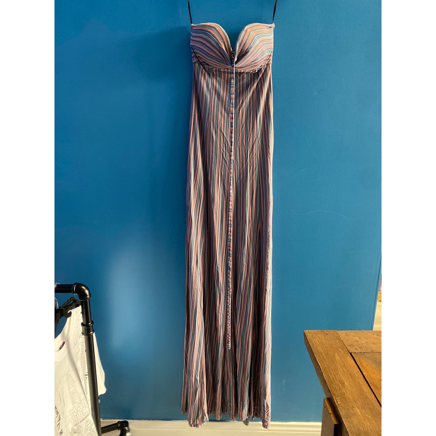 FELICITY & COCO Blue Pink Striped Halter Neck Maxi Dress Women's Size Small