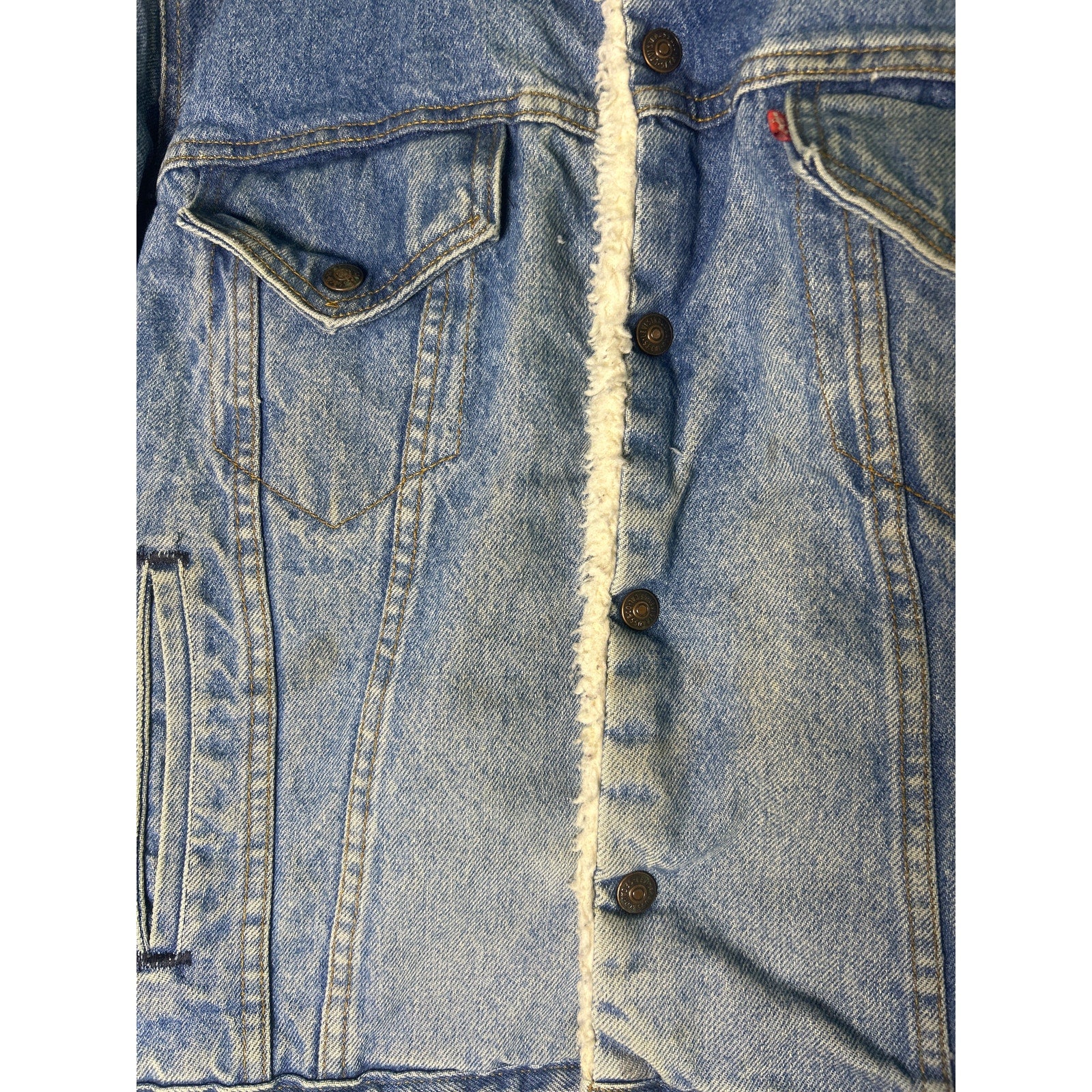 Levi's Blue Denim Button Snap Sherpa Lined Jacket Pockets Retro Men's Size 46R