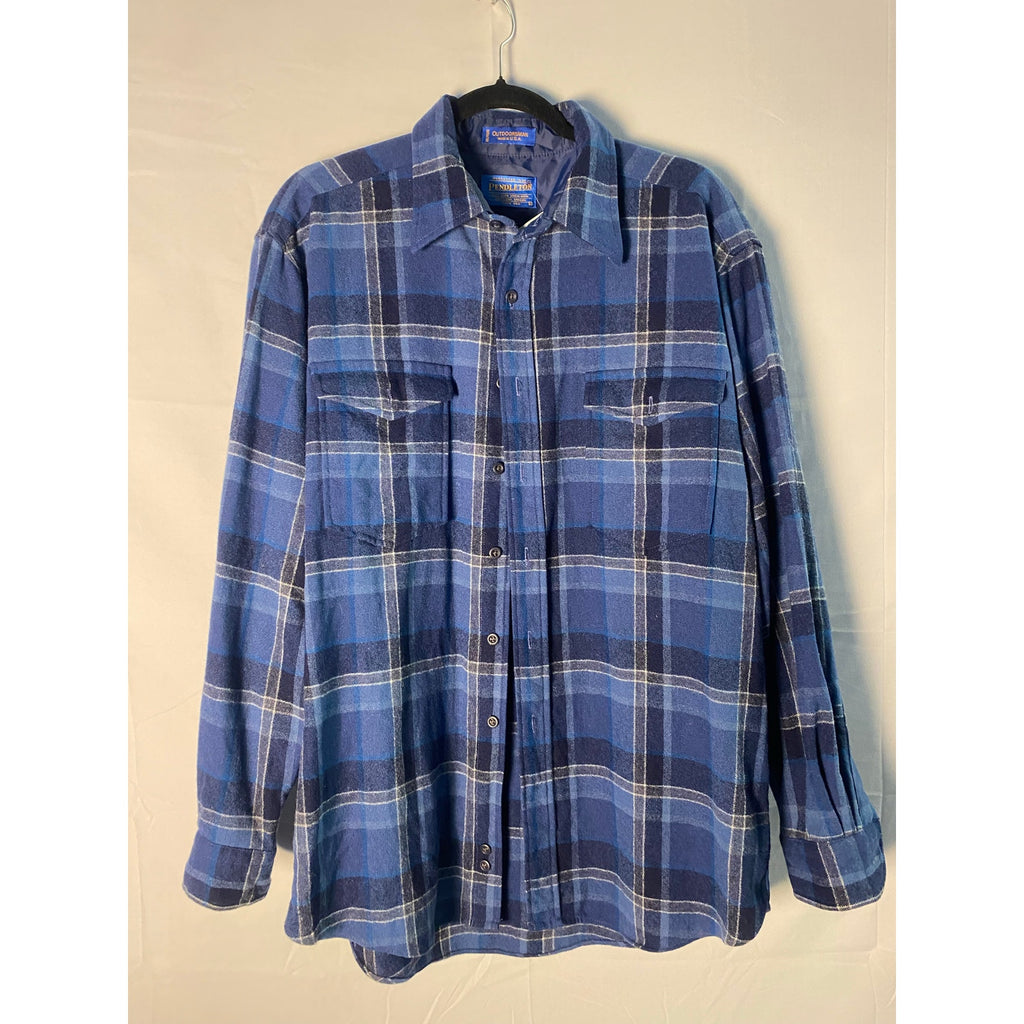 Vintage Pendleton Blue Flannel Plaid Button Up Long Sleeve Shirt Men's Large&nbsp;