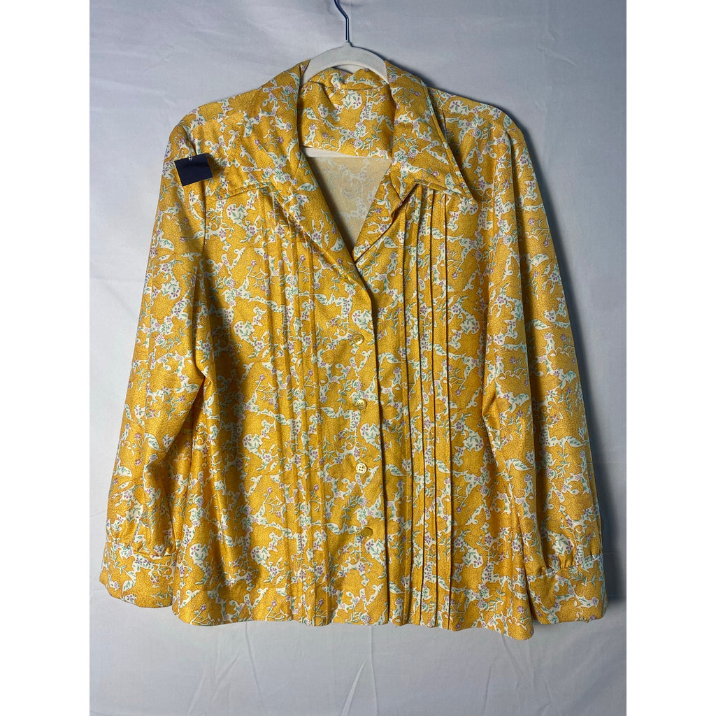 Vintage 60s Yellow Purple Floral Poly Knit Dagger Collar Pleated Button Up Shirt Women's Size XL