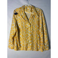 Vintage 60s Yellow Purple Floral Poly Knit Dagger Collar Pleated Button Up Shirt Women's Size XL