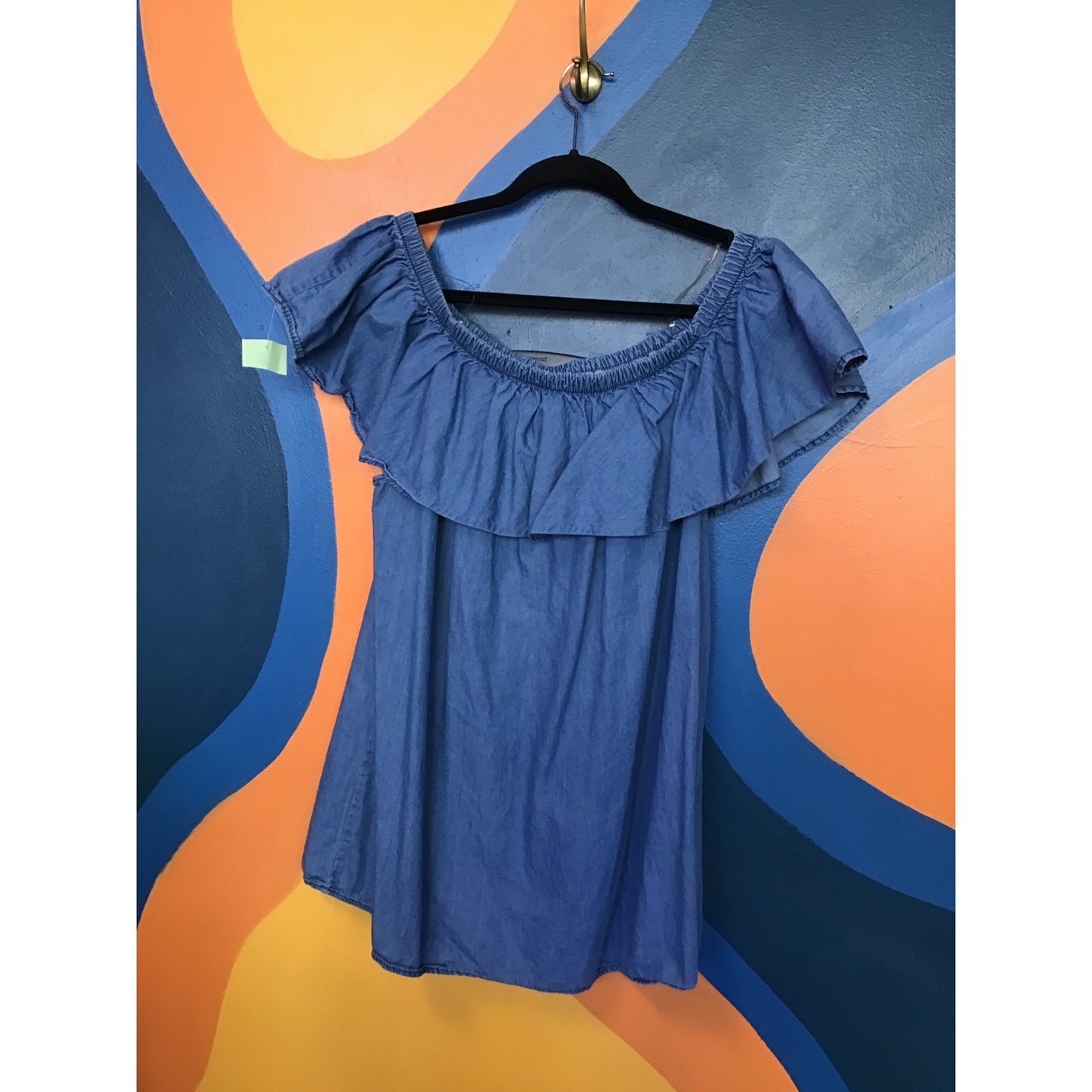 Chambray Blue Ruffle On Off Shoulder Peasant Top Women's Plus Size 3X
