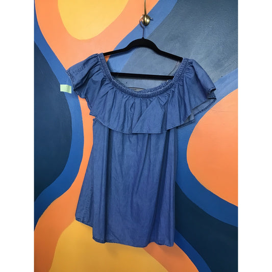 Chambray Blue Ruffle On Off Shoulder Peasant Top Women's Plus Size 3X