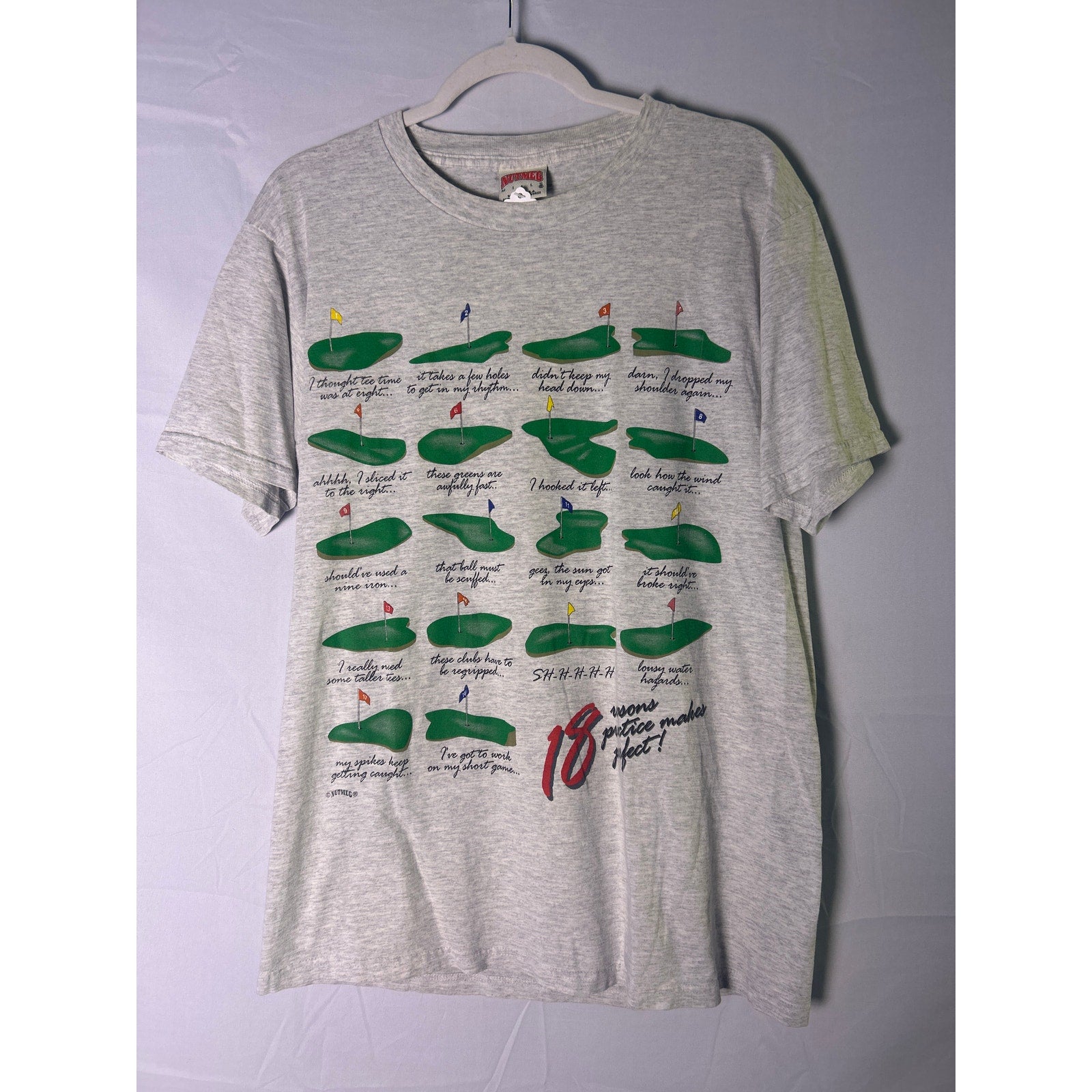 Vintage Golf 18 Reasons To Practice Nutmeg Golf Holes Gray Shirt Size Large USA