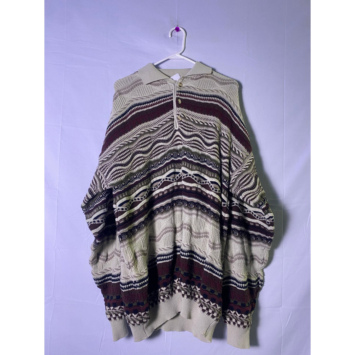Vintage BACHRACH Coogi-style 3D Knit Polo Sweater Men's Size XL Pullover
