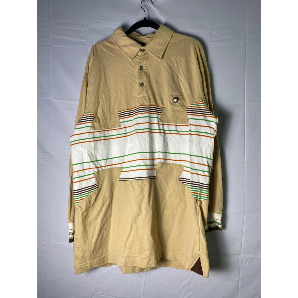 Massive Revolution Beige White Green Polo Shirt Striped Long Sleeve Mens Size 3X