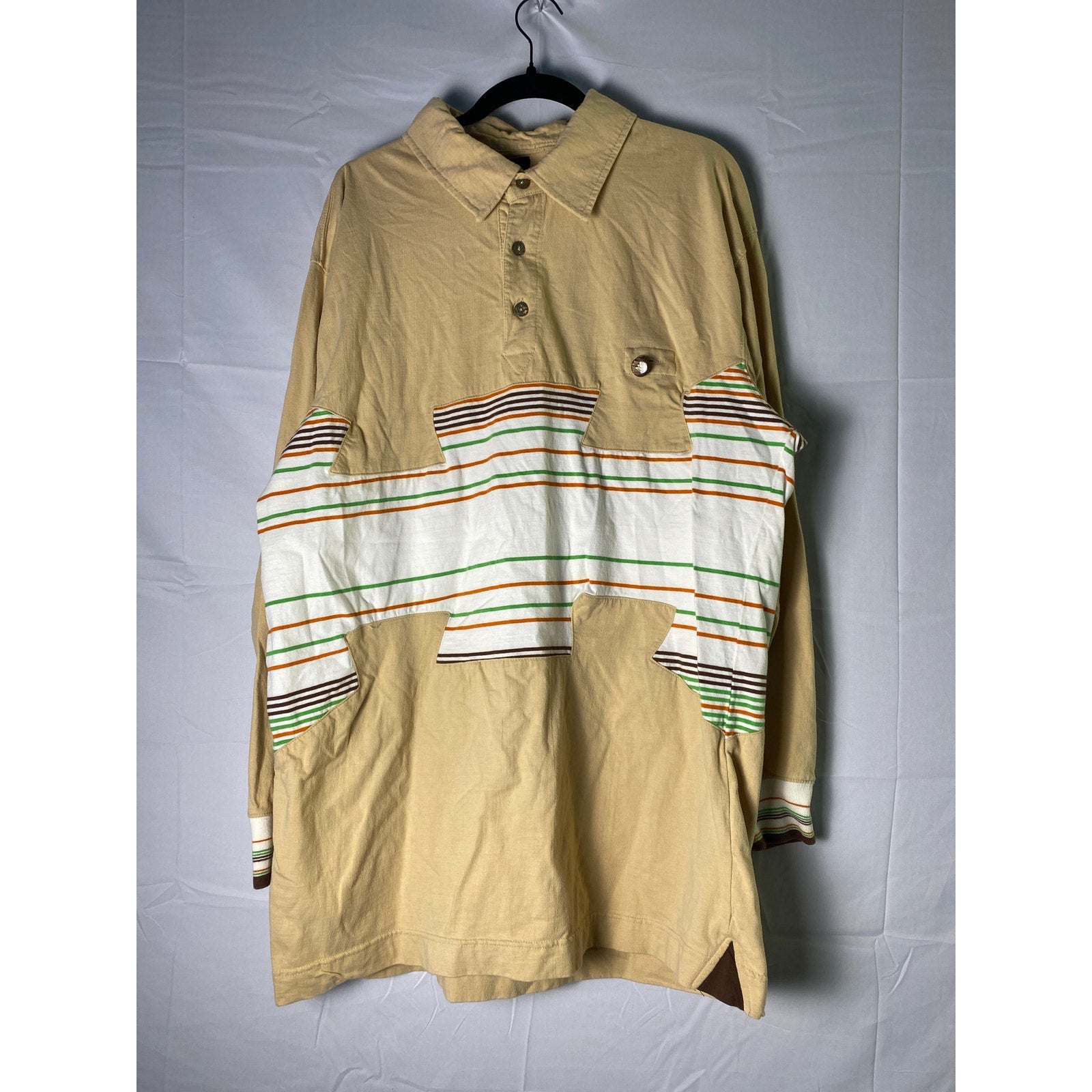 Massive Revolution Beige White Green Polo Shirt Striped Long Sleeve Mens Size 3X