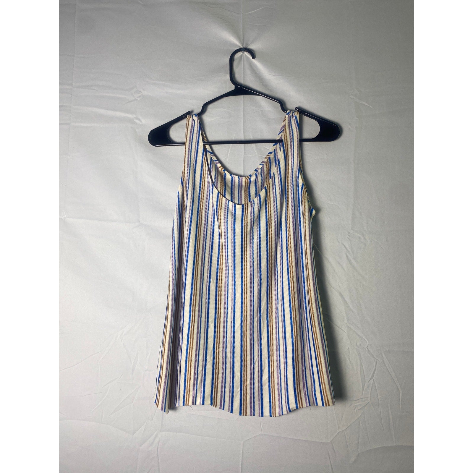 Vintage 70s Blue Purple Orange Cream Striped Knit Tank Top Women's L/XL