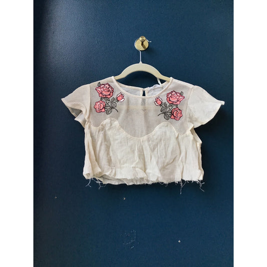 Blu Pepper Embroidered Floral Crinkle Crop Mesh Top White Women's Size Small