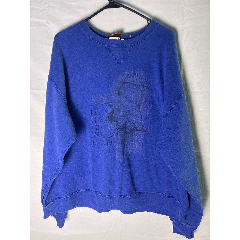 Hanes JESUS Let Him Give You a Hand Blue Crew Neck Sweater Men's Size XL