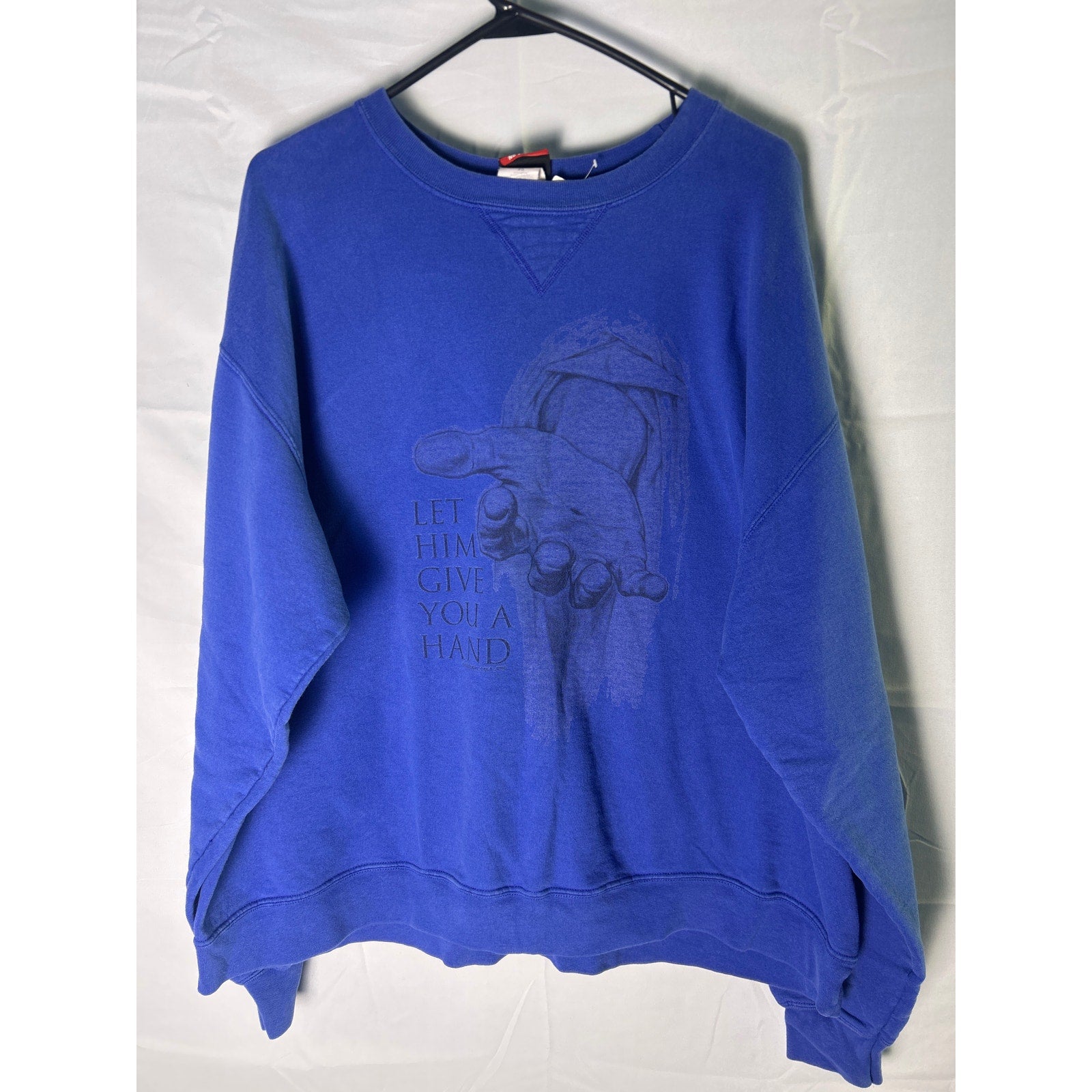 Hanes JESUS Let Him Give You a Hand Blue Crew Neck Sweater Men's Size XL