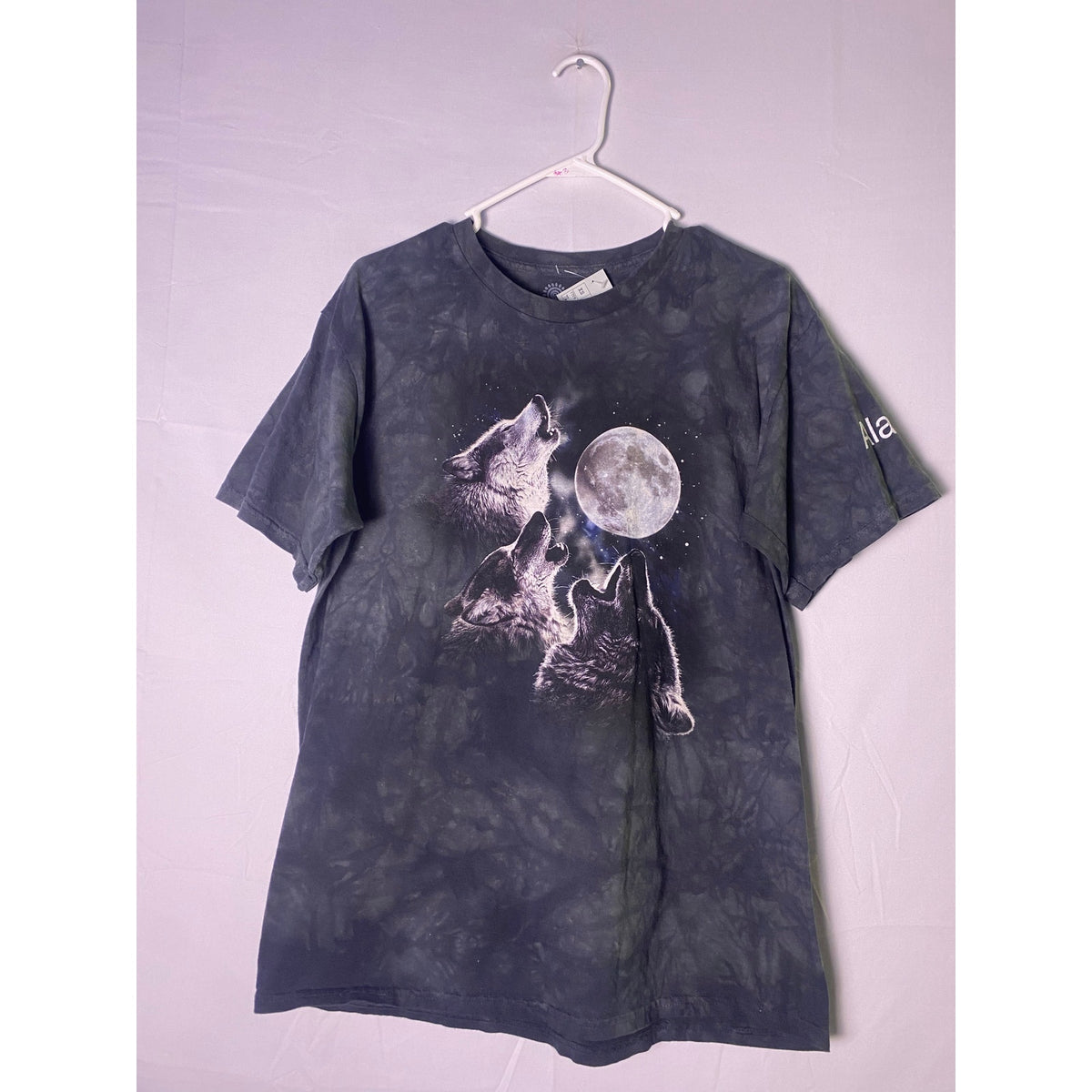 Y2K The Mountain Wolf Howling Full Moon Print Black Tee Men's Size Large