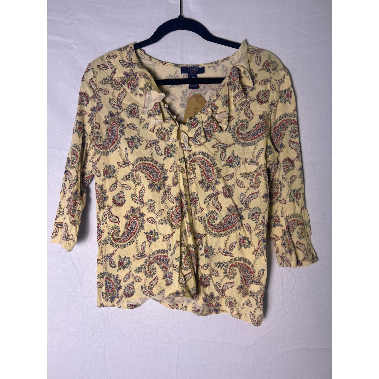 Y2K Chaps Boho Cream Paisley Top V-neck Ruffled Women's Size Large