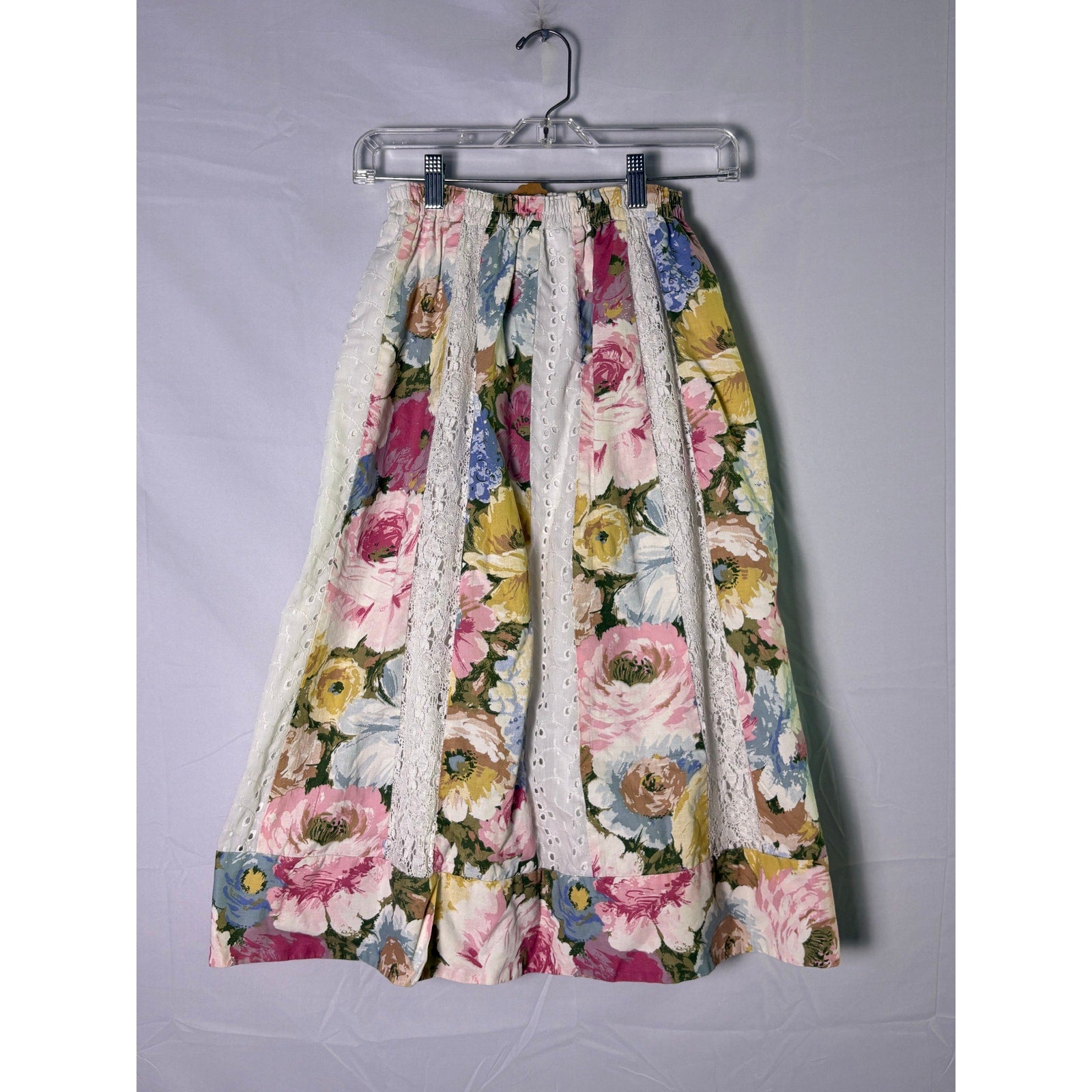 1970 Mr. Hank White Lace with Multicolor Floral Patchwork Skirt A-line Maxi XS/S