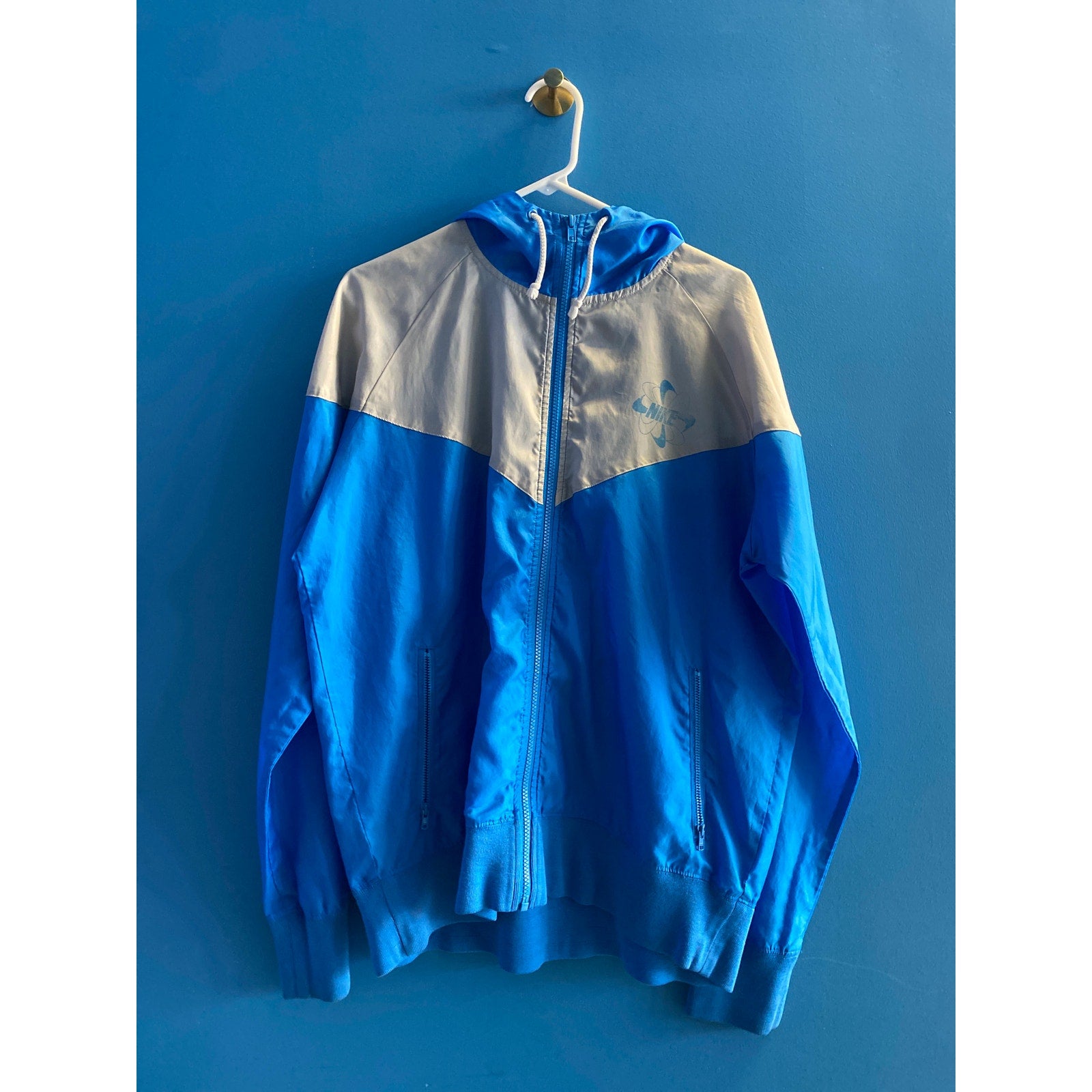 Vintage 80's Nike Blue Gray Full Zip Nylon Hoodie Track Windbreaker Jacket Large