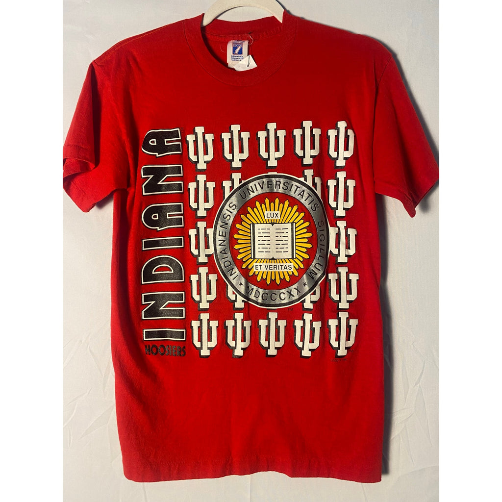 Vintage 90s Logo 7 IU Indiana Hoosiers Graphic Print Red Shirt Men's Size Small