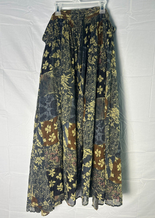 Vintage Short Circuit Floral Boho Brown Pleated Maxi Skirt Women's Free Size