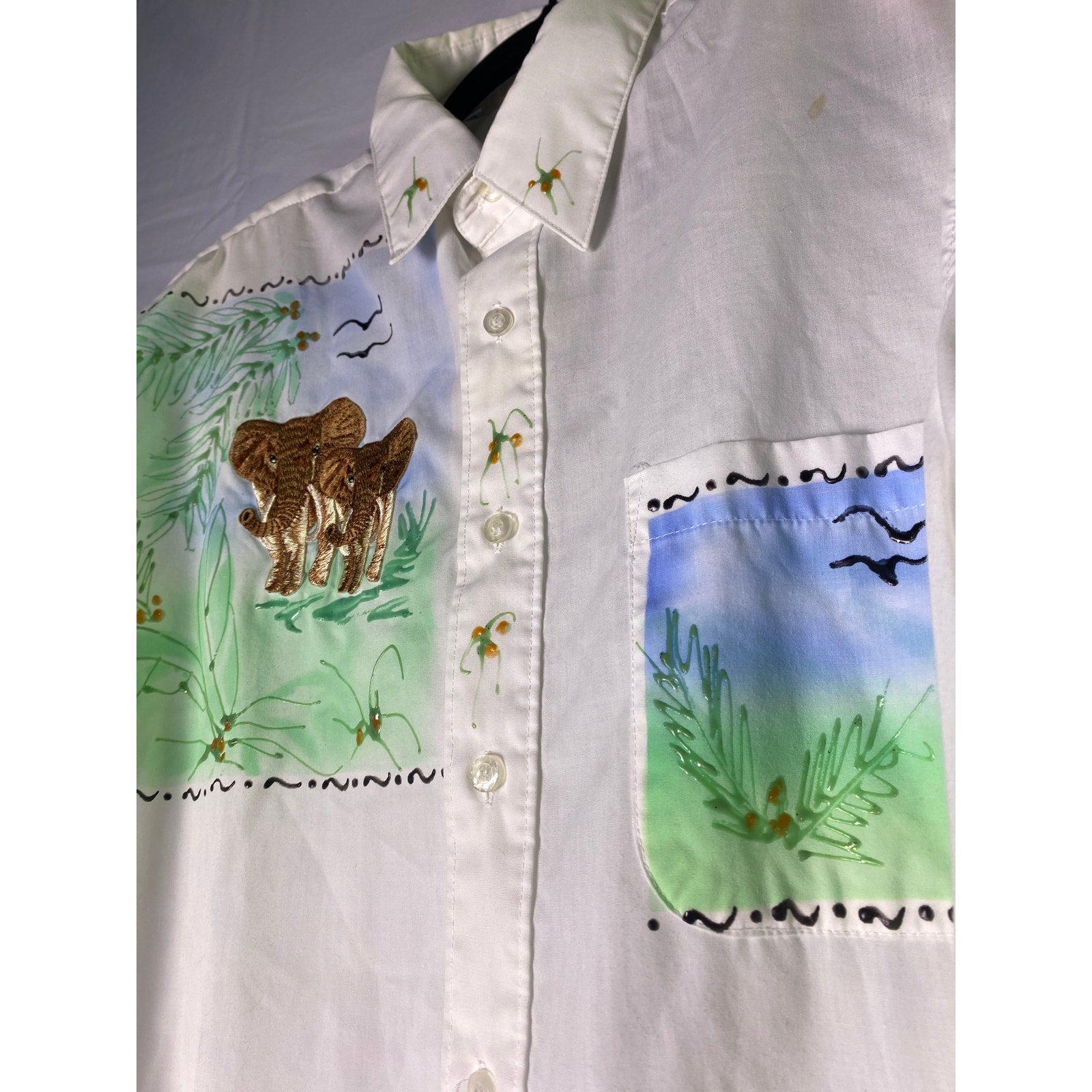 Vintage Get Lucky Painted Elephant Patch Button Down Shirt Men's Size Large