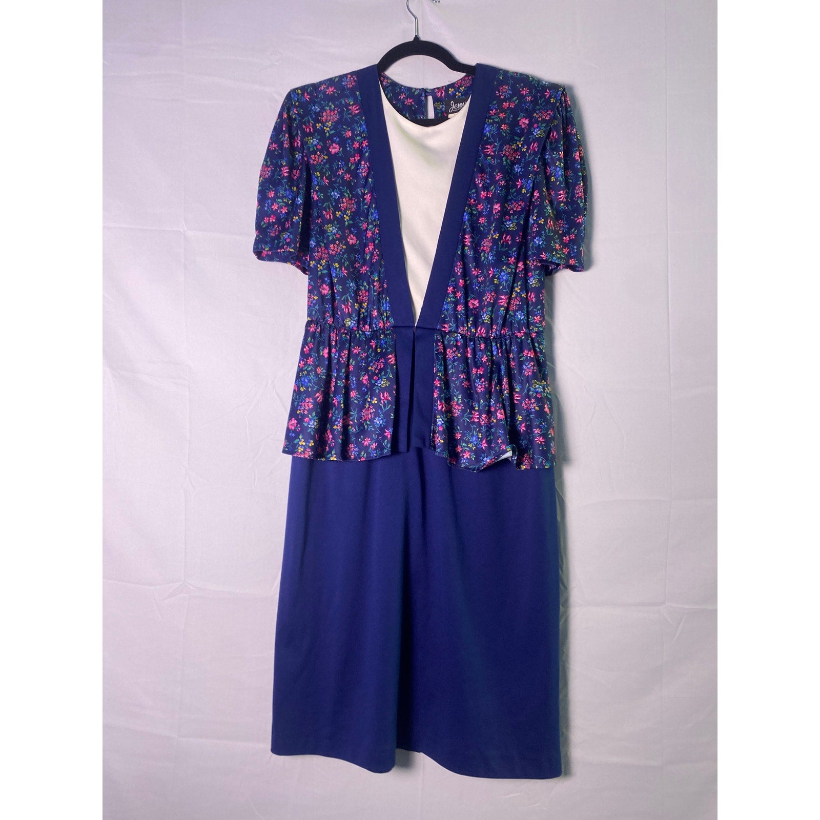 VINTAGE 80's Jenny Navy Blue Floral Puff Sleeves Peplum Dress Women's Plus 16W