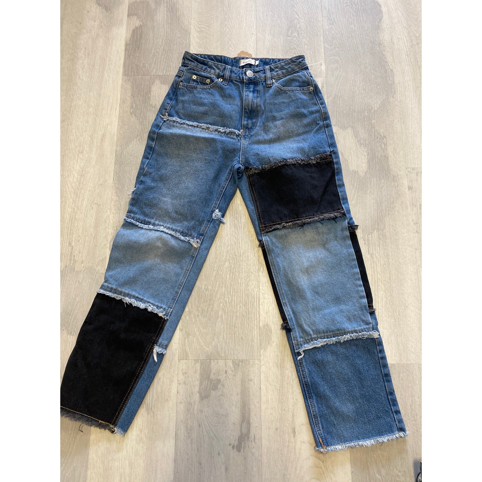 Rue21 Blue Denim Jeans Frayed Hem Straight Leg Patchwork  Jeans Women's Size 1