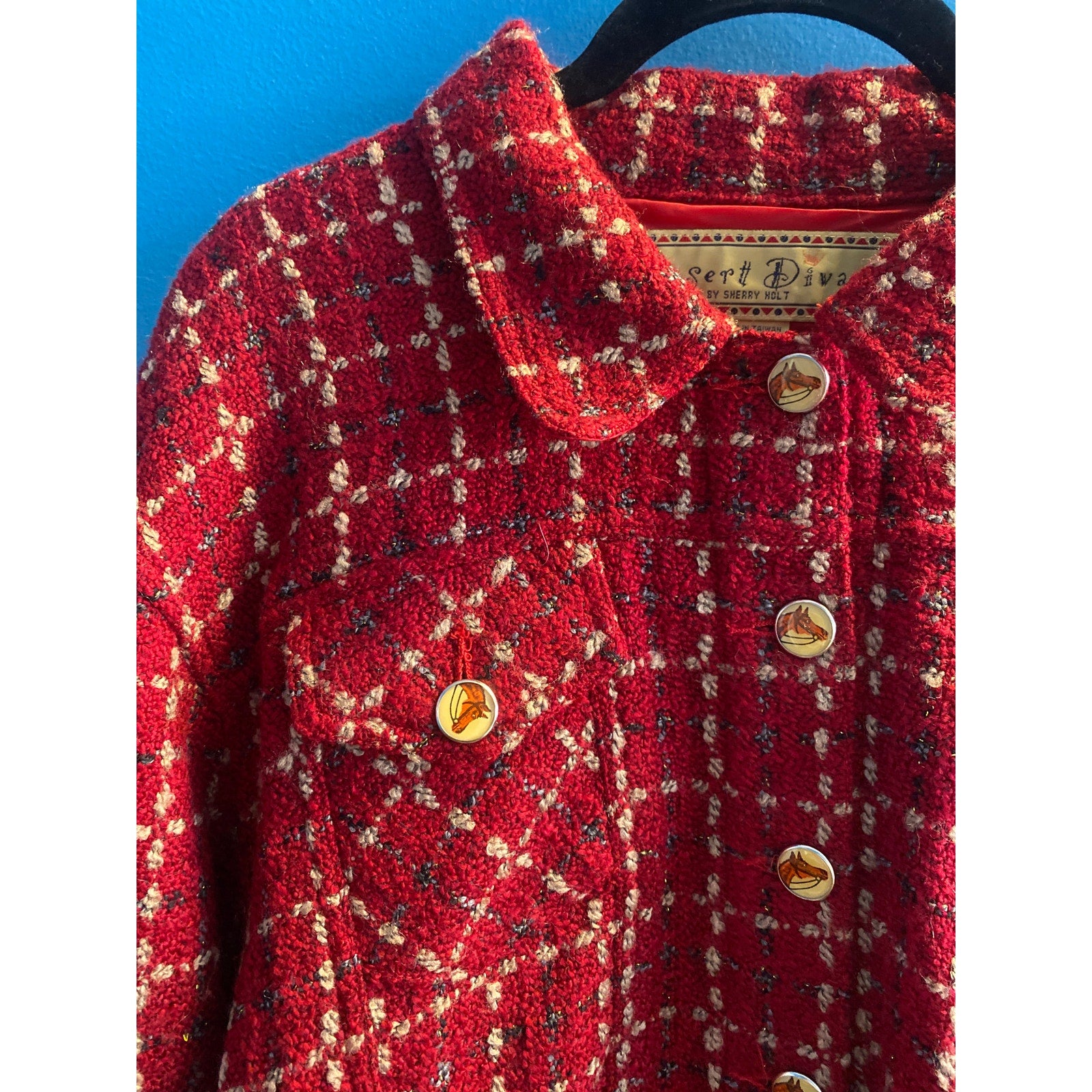 Vintage Desert Diva Sherry Holt Horse Button Up Red Jacket Chest Pockets Large