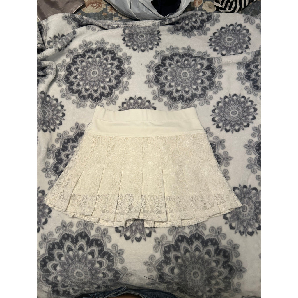 White Floral Lace Pleated Mini Skirt Women's Size XS