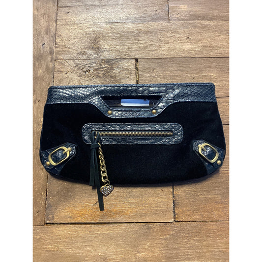 XOXO Black Plush Velvet Handbag with Faux Alligator Accents Womens