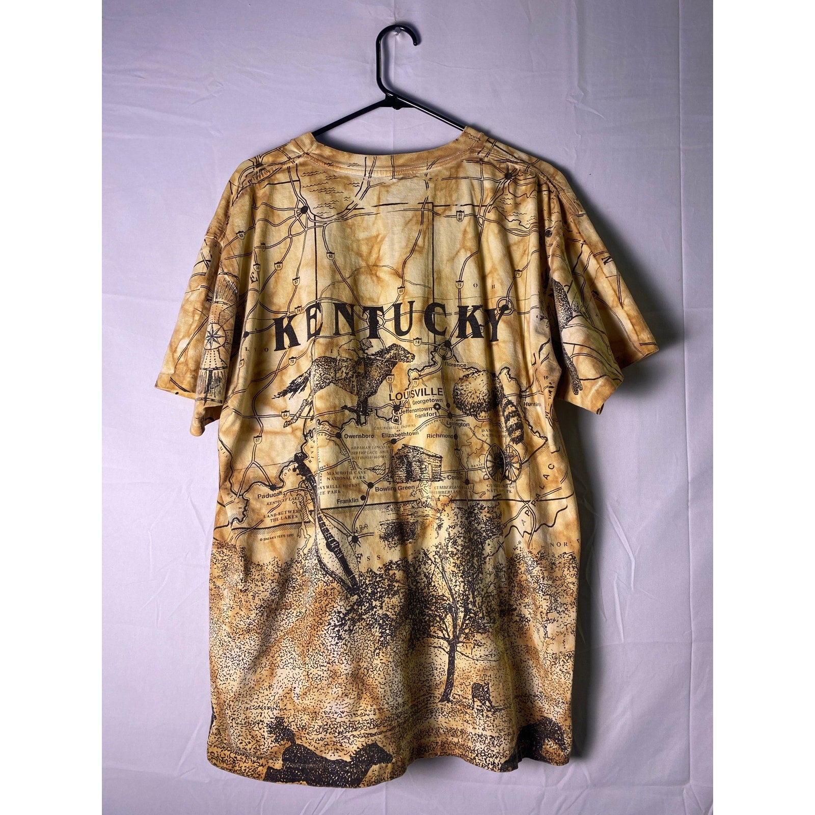 90s Vintage Kentucky Allover Print Brown Yellow Shirt Men's Size XL