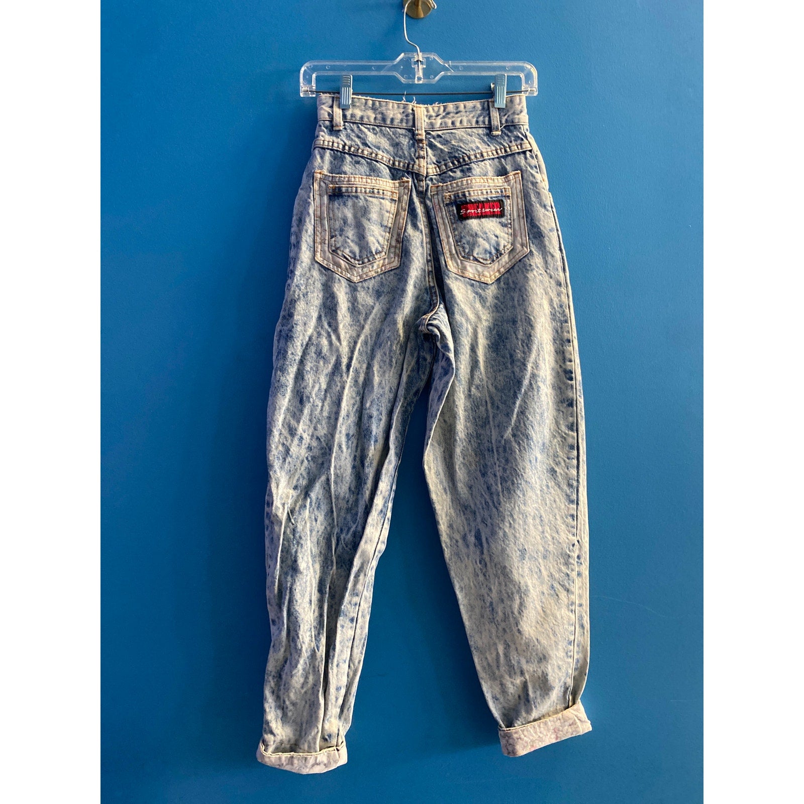 Vintage Breaker Sportswear Acid Wash High Waist Skinny Jeans w/ Floral Patchwork