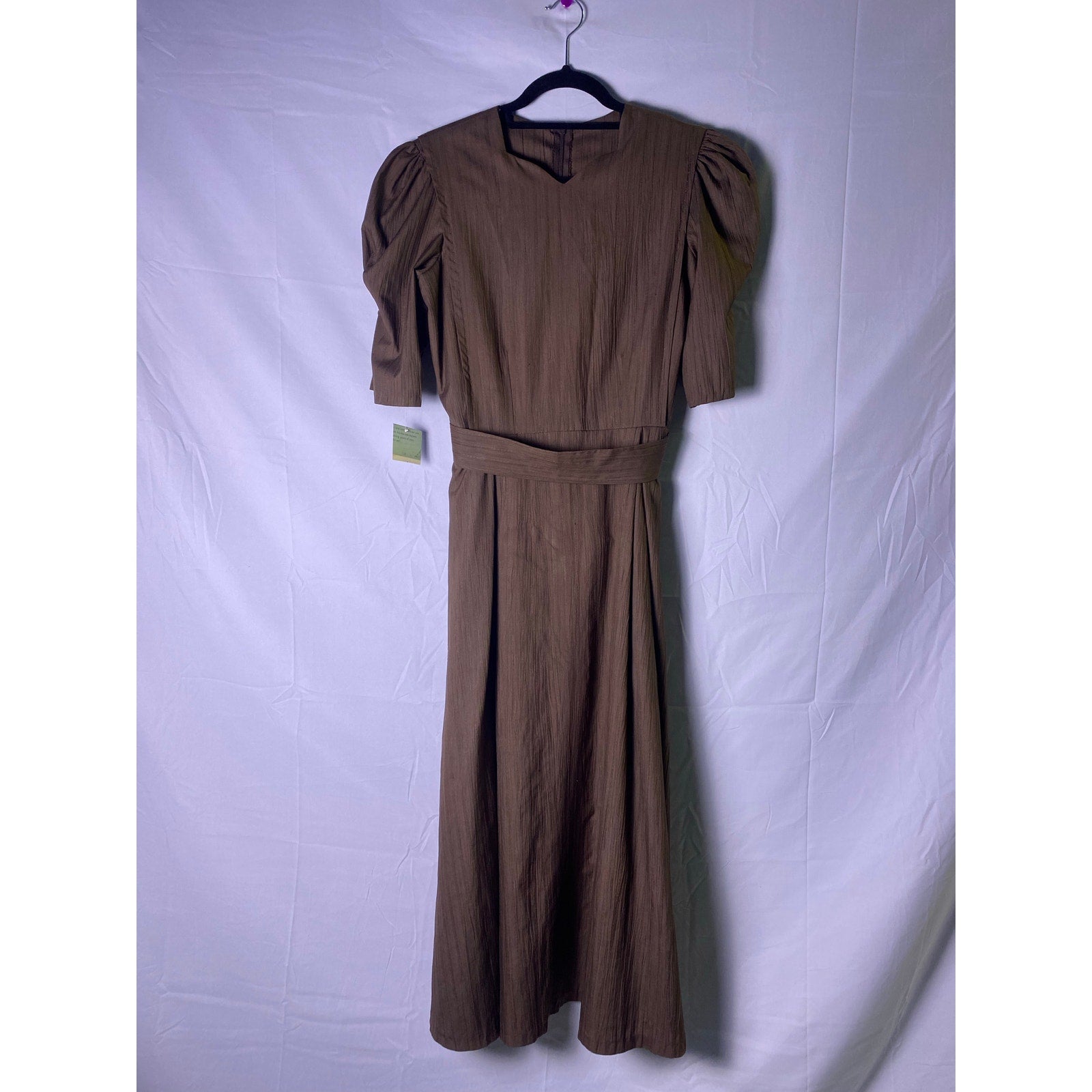 Vintage 70s-80s Handmade Brown Textured Belted Waist Maxi Dress Women's Large