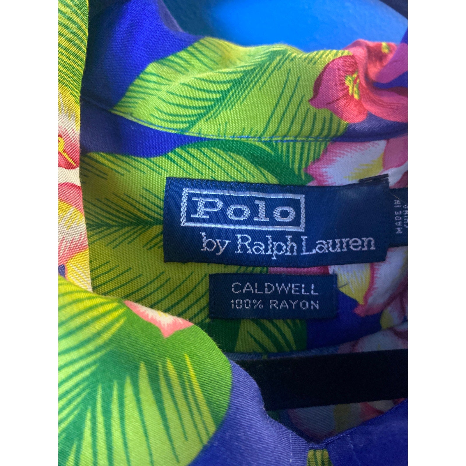 Vintage Polo Ralph Lauren Blue Green Floral Hawaiian Button Up Shirt Caldwell XL