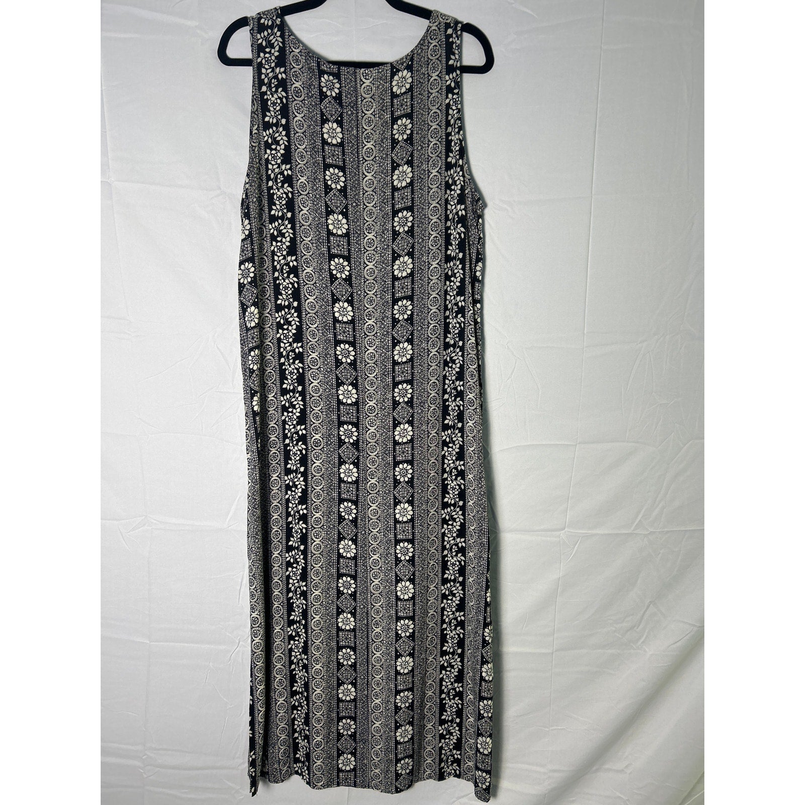 Vintage Black White Floral Geometric Maxi Dress Sleeveless Women's Size XL