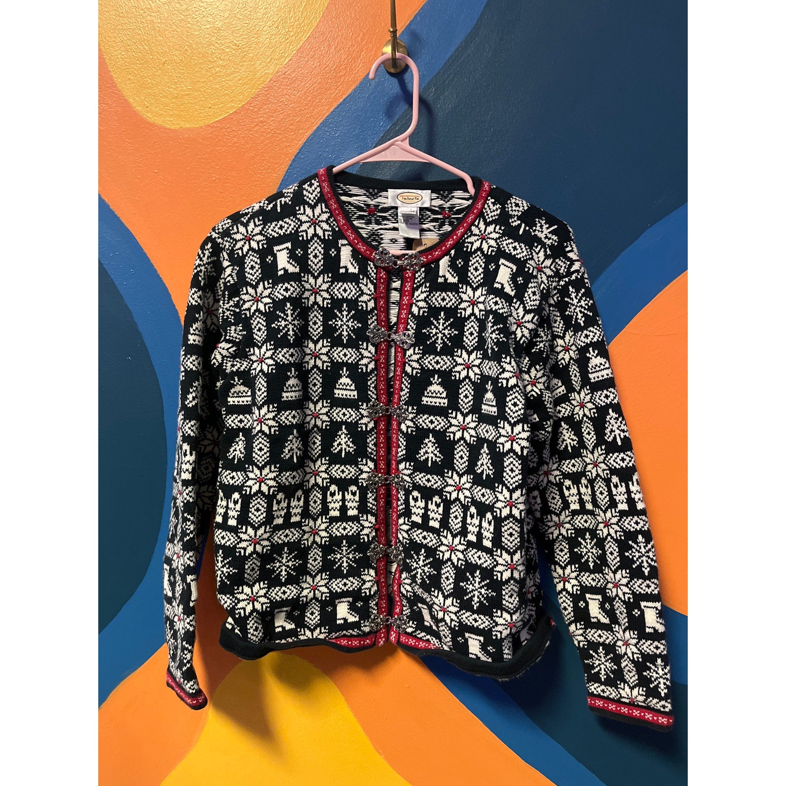 Vintage Talbots Nordic Fair Isle Metal Hook Closure Cardigan Sweater Size Large