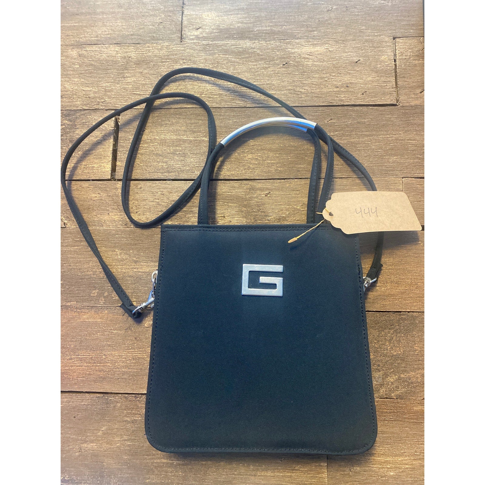 Vintage 90s Guess Silver Metal "G " Zip Closure Black Leather Shoulder Bag