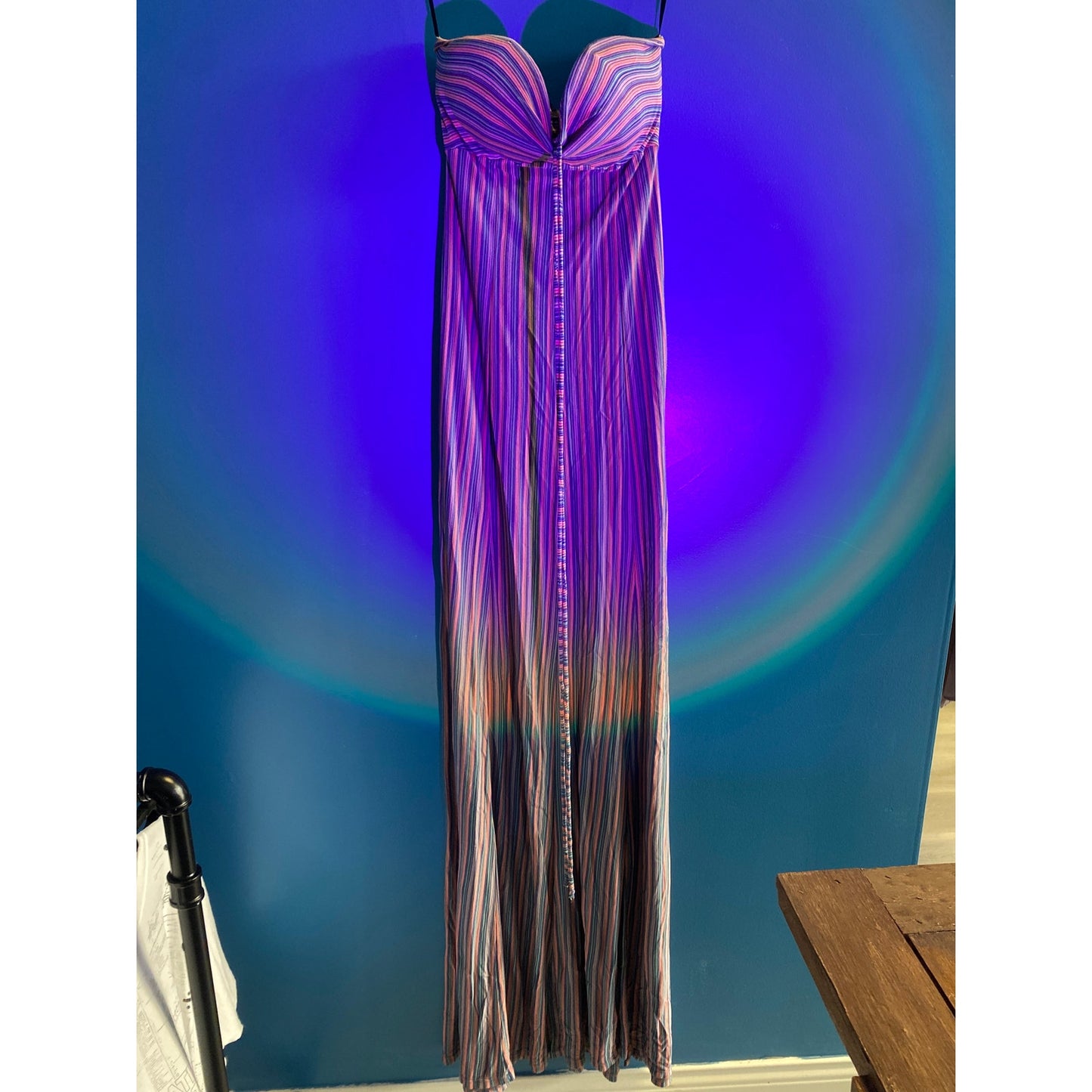 FELICITY & COCO Blue Pink Striped Halter Neck Maxi Dress Women's Size Small