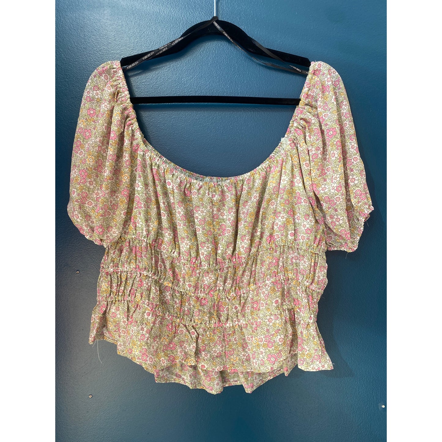 Forever 21 Pink Multi Floral Woven Crop Top Short Sleeve Women's Plus 1X NWT