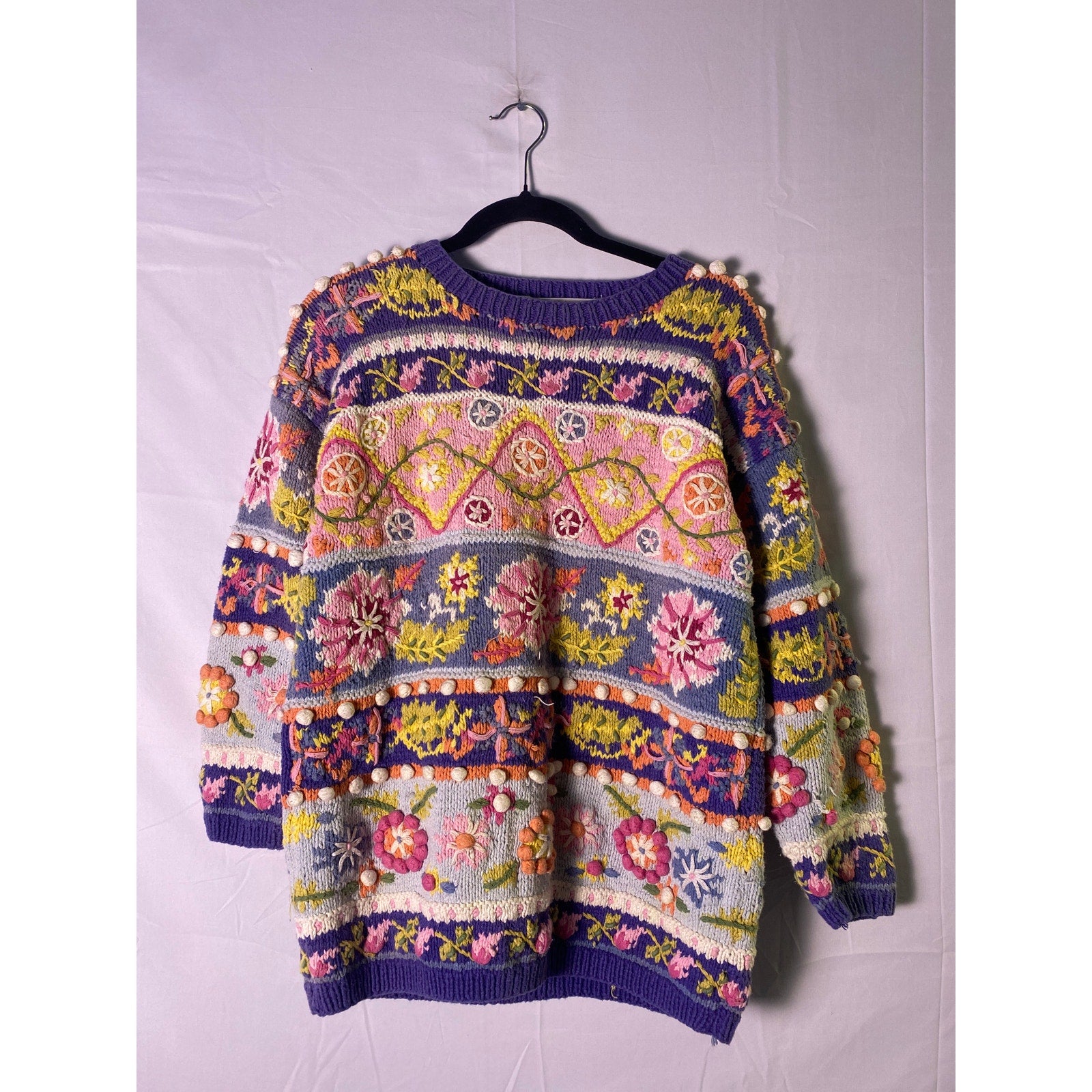 Vintage Jennifer Reed Hand-Knit Chunky Patterned Sweater Pullover Crew Medium